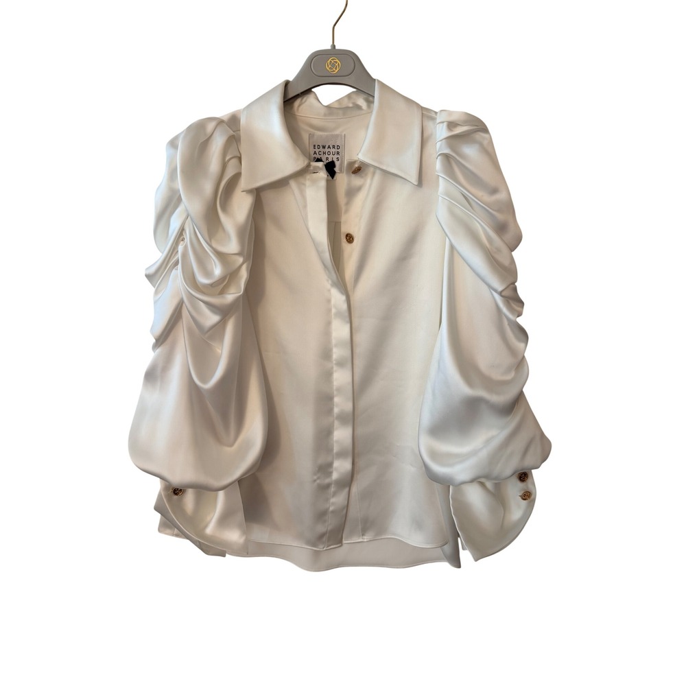 EDWARD ACHOUR PARIS White Satin Dramatic Statement Ruched Puff Sleeve Top Sz 6